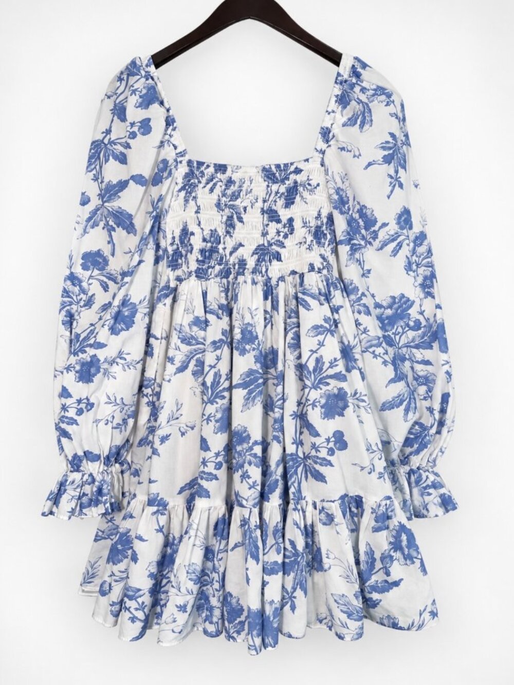 & Other Stories Blue & White Floral Smocked Mini Dress